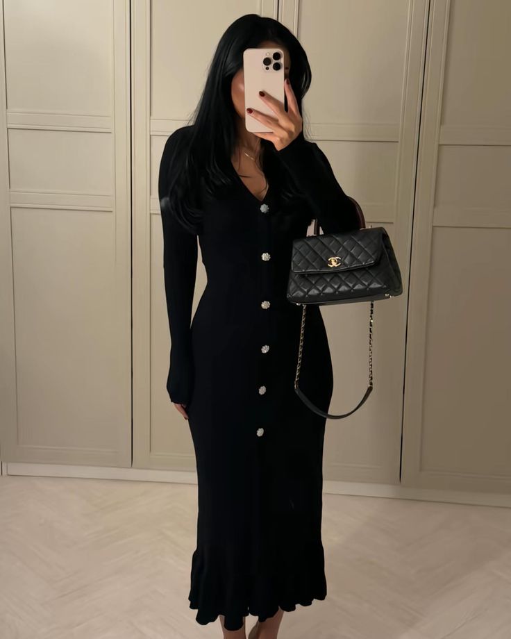 Black Long Sleeve Dress with Gold Hardware Detail
