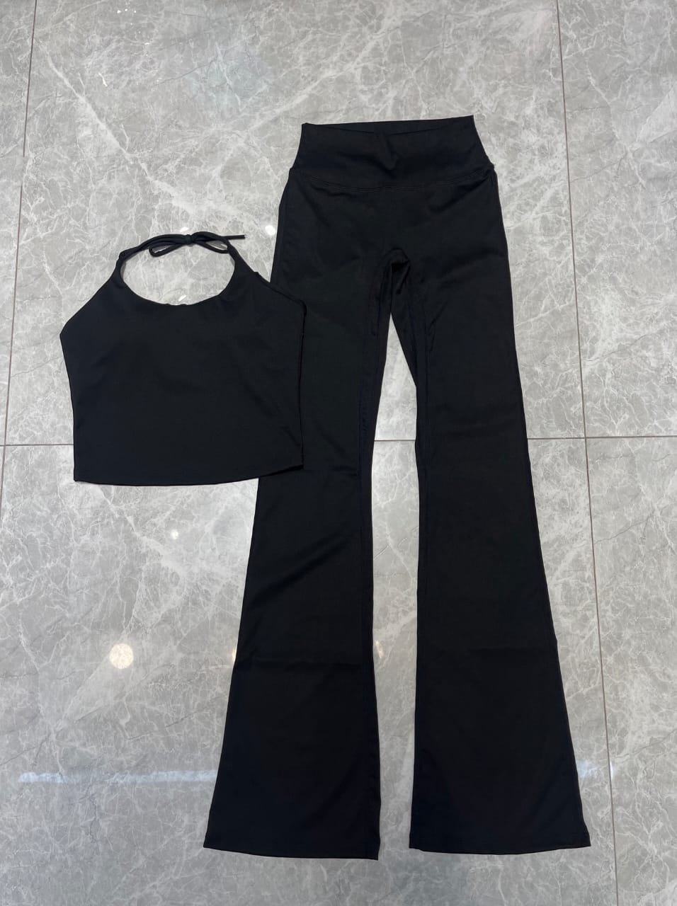 Flared Performance Leggings Set with Halter Strap Long Top