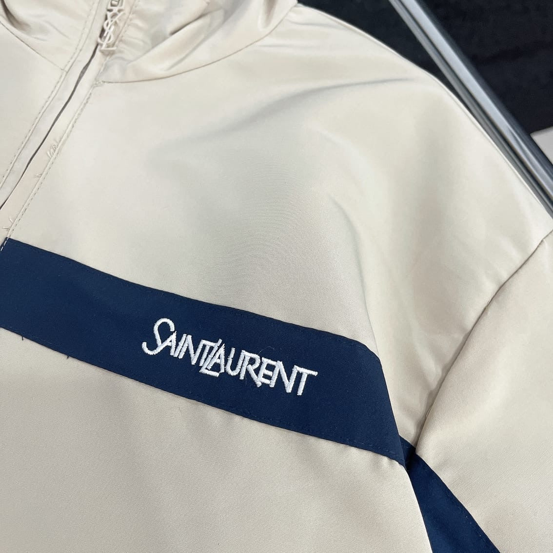 Blue and White Luxury-Inspired Windbreaker Jacket