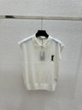 White Sleeveless Knit Polo Top with Embroidered Monogram Detail