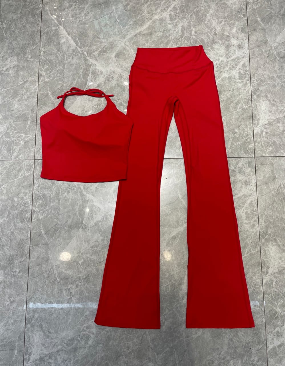 Flared Performance Leggings Set with Halter Strap Long Top