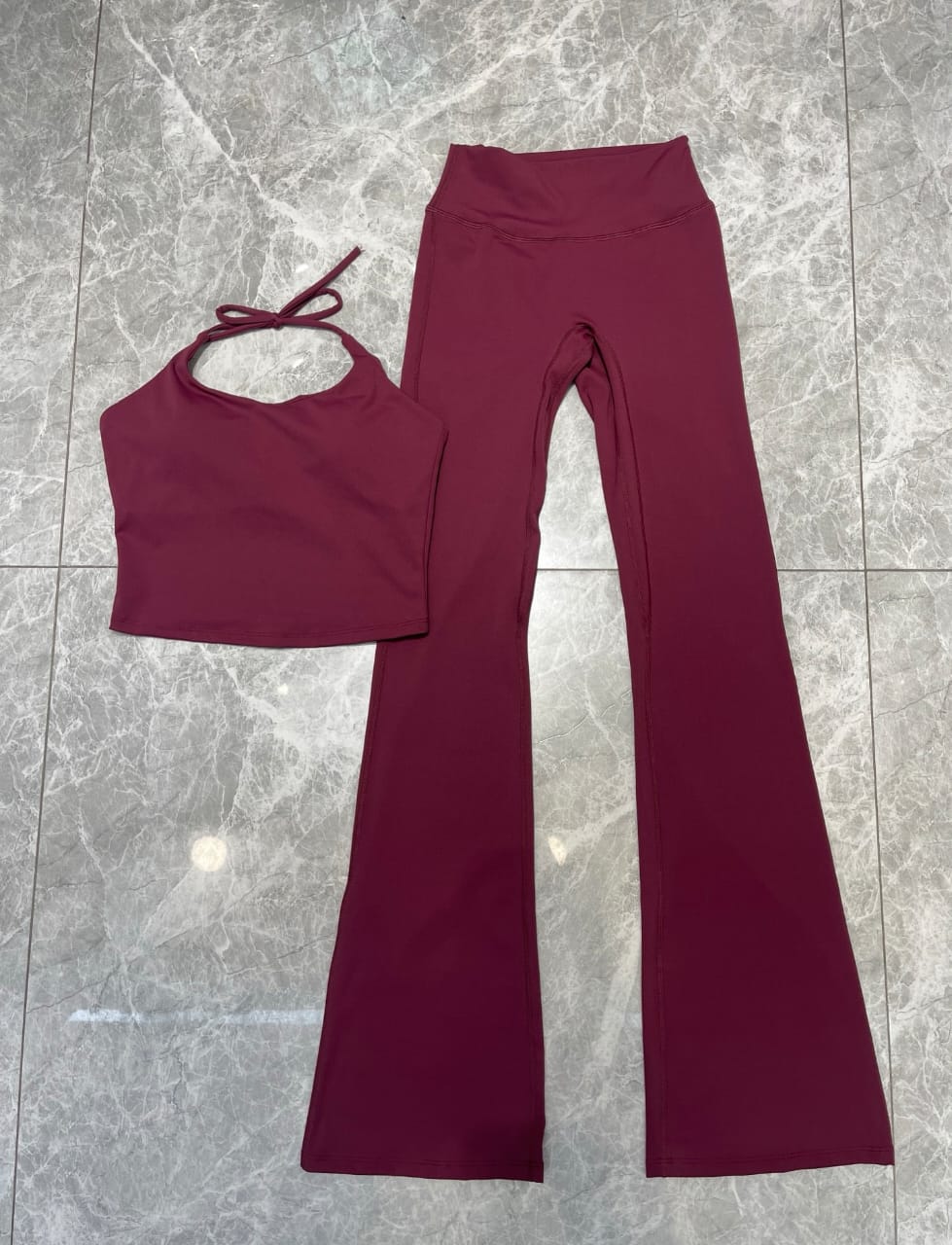 Flared Performance Leggings Set with Halter Strap Long Top