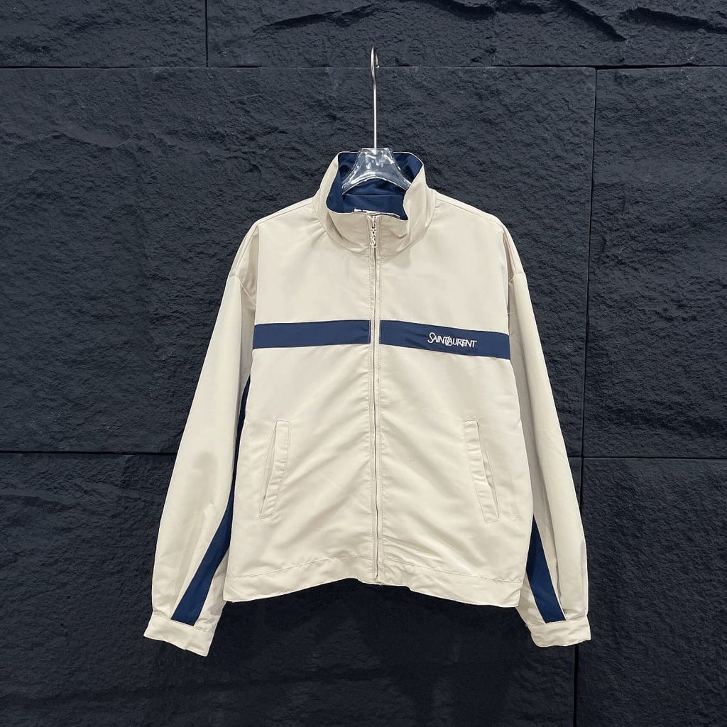 Blue and White Luxury-Inspired Windbreaker Jacket