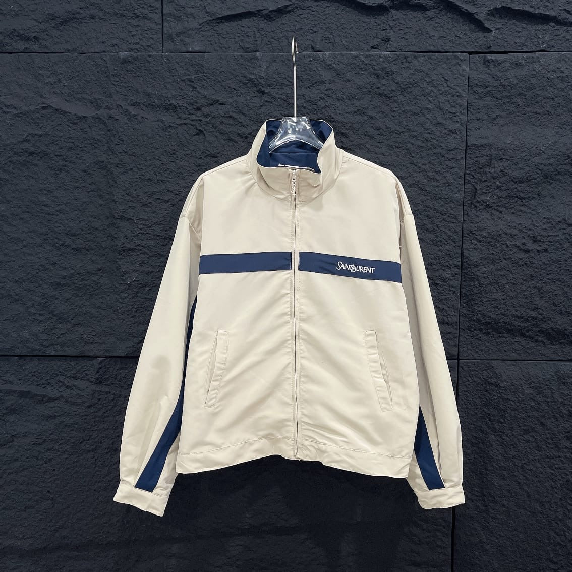 Blue and White Luxury-Inspired Windbreaker Jacket