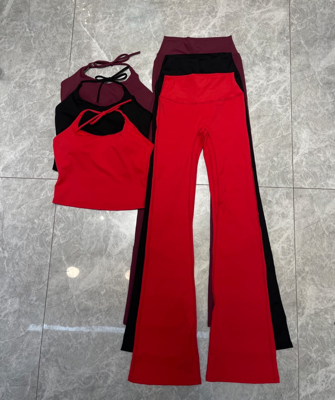 Flared Performance Leggings Set with Halter Strap Long Top